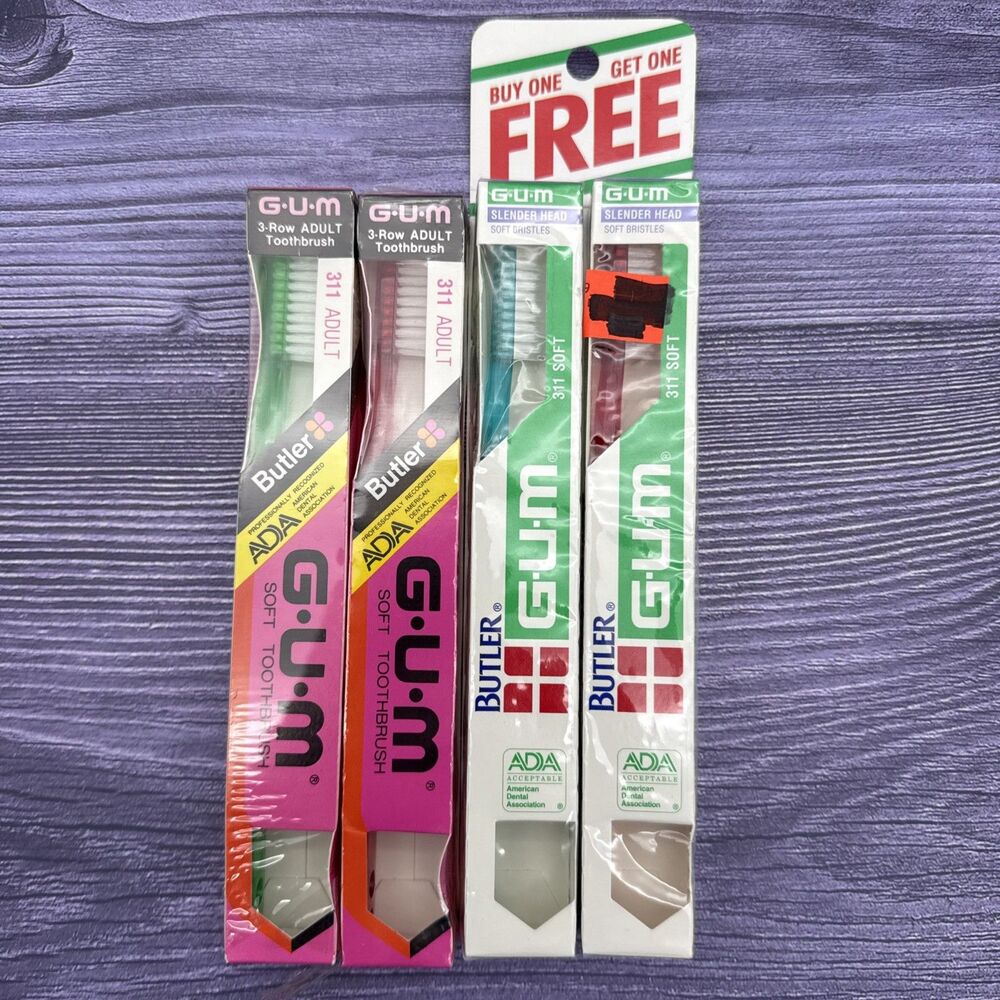 4 LOT GUM Butler 3-Row Small Head Toothbrush Soft Bristle 311 VTG Green 1980’s